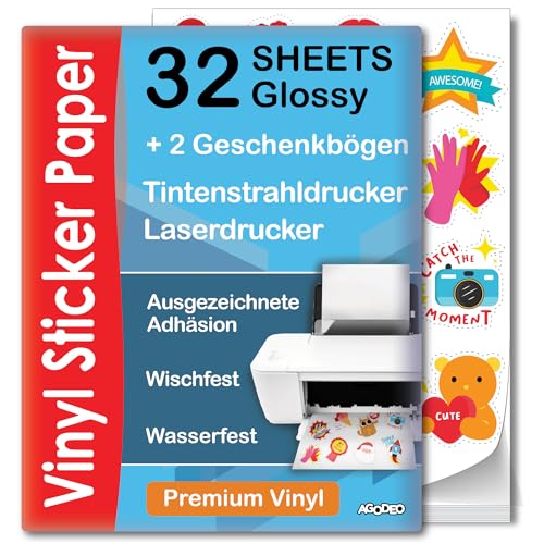 AgoDeo Hochwertiges bedruckbares Vinyl-Aufkleberpapier A4 32 Blatt