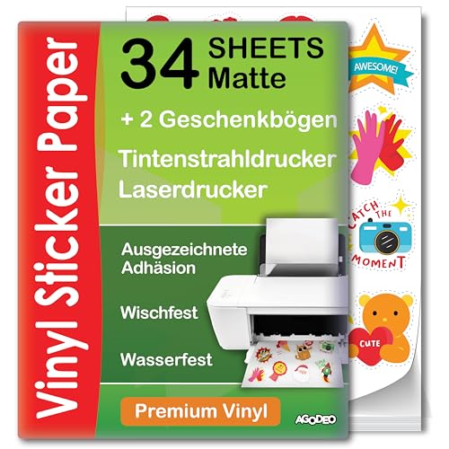 AgoDeo mattes Vinyl-Aufkleberpapier A4 34 Blätter wasserfest